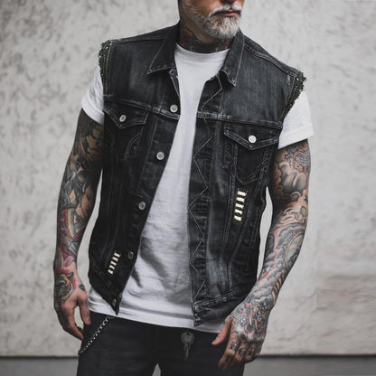 S.M.  Punk Skull Bones Denim Locomotive Turn-down Collar vest