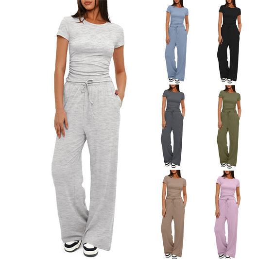 S.W. 2pcs Solid Color Casual Sports Yoga Suit Short-sleeved Top And High-waisted Drawstring Wide-leg PantS