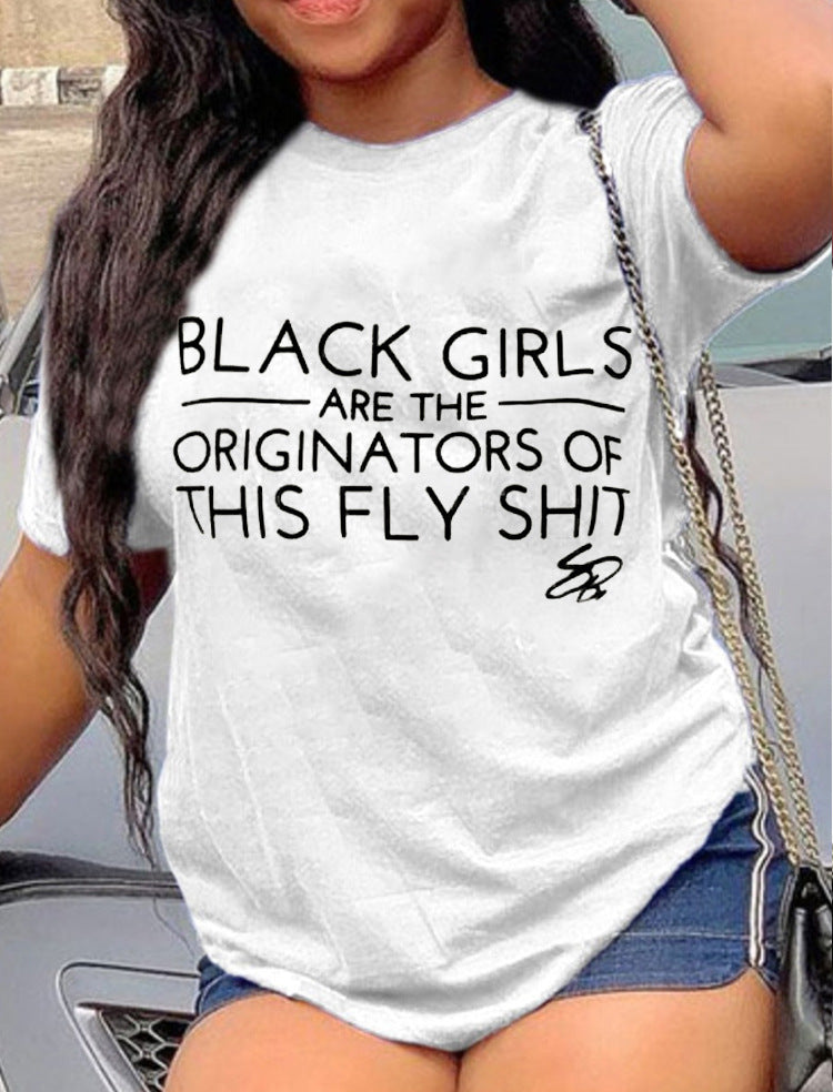 a woman wearing a white shirt that says black girls are the originators of this