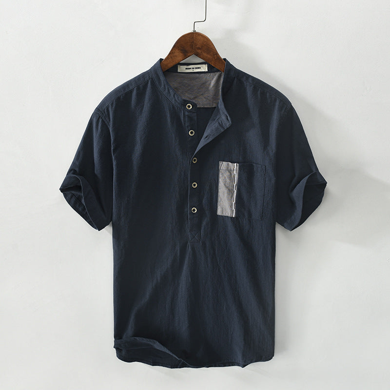 S.M. Cotton And Linen blend Pullover Short-sleeved Shirt