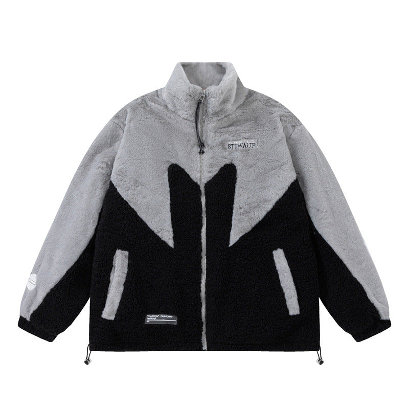 European Hip Hop Color Block Embroidery Lamb Wool Cotton-padded Jacket
