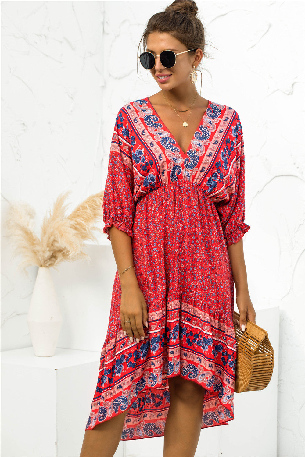 S.W. Bohemian V Neck Dress with Printed Design