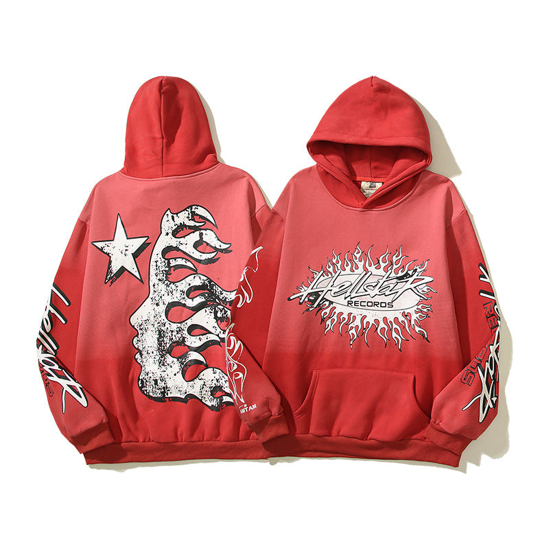 Hell Star Vintage Clay Print Flame Red Hooded Sweater For Men And Women