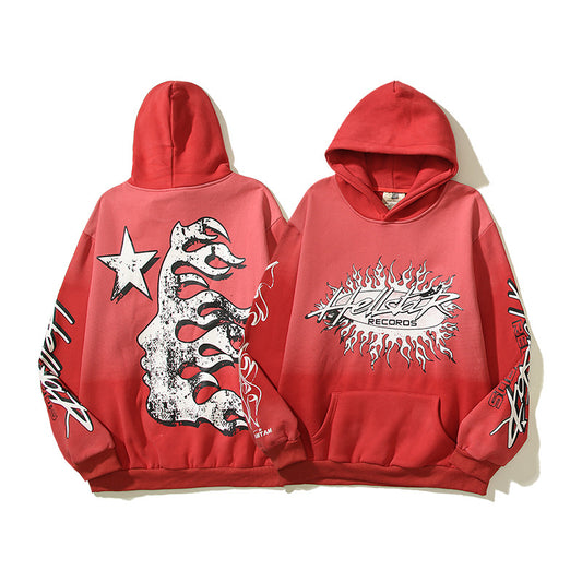 Hell Star Vintage Clay Print Flame Red Hooded Sweater For Men And Women