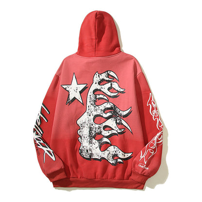 Hell Star Vintage Clay Print Flame Red Hooded Sweater For Men And Women