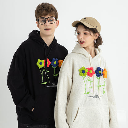 S.M. Small Flowers  Embroidery Hooded Long-sleeved Tops Men