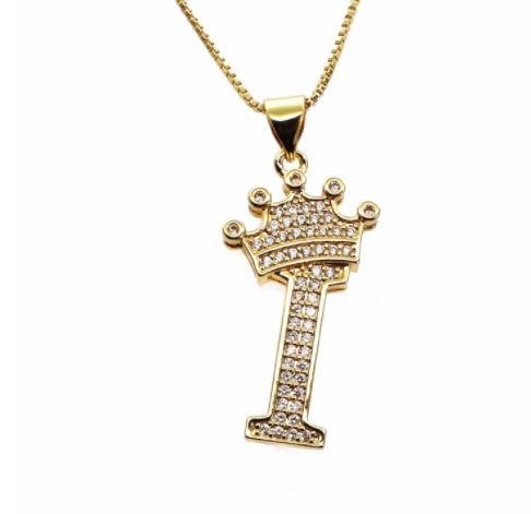 F.J.C. Crown Letter Pendants inlayed with Zirconia with necklace