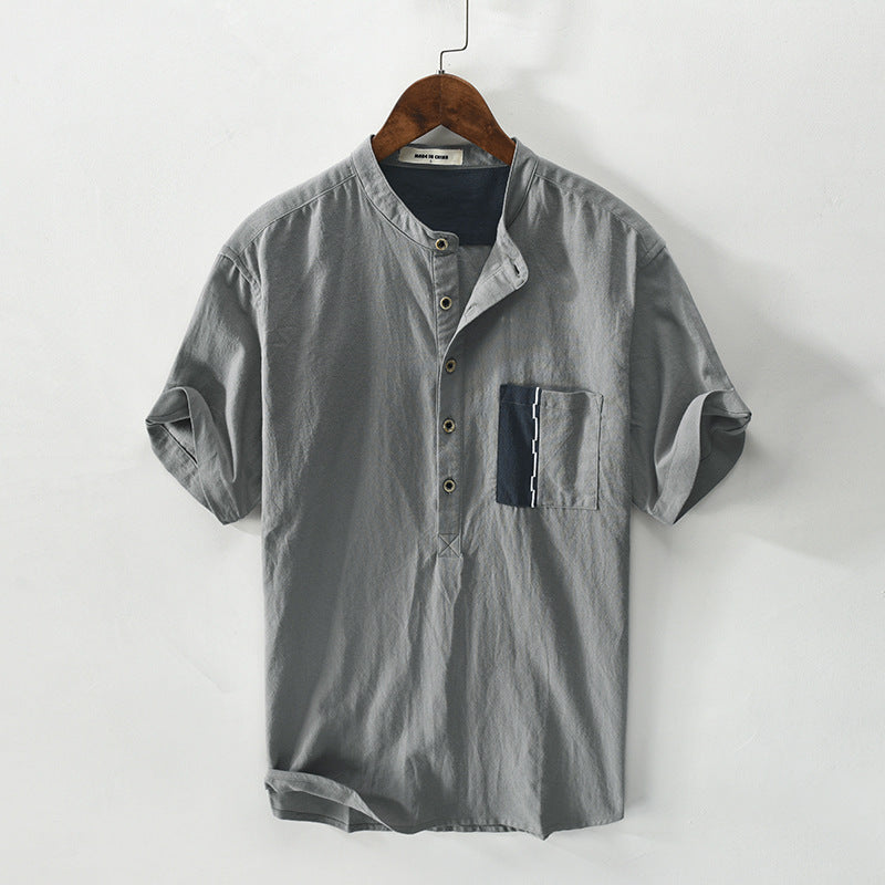 S.M. Cotton And Linen blend Pullover Short-sleeved Shirt