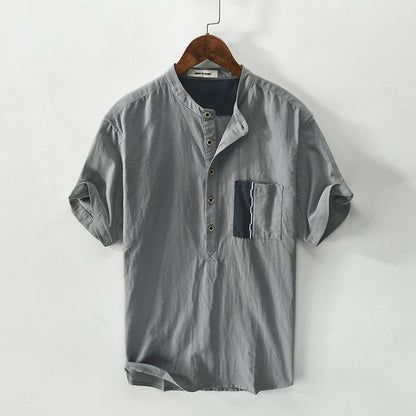 S.M. Cotton And Linen blend Pullover Short-sleeved Shirt