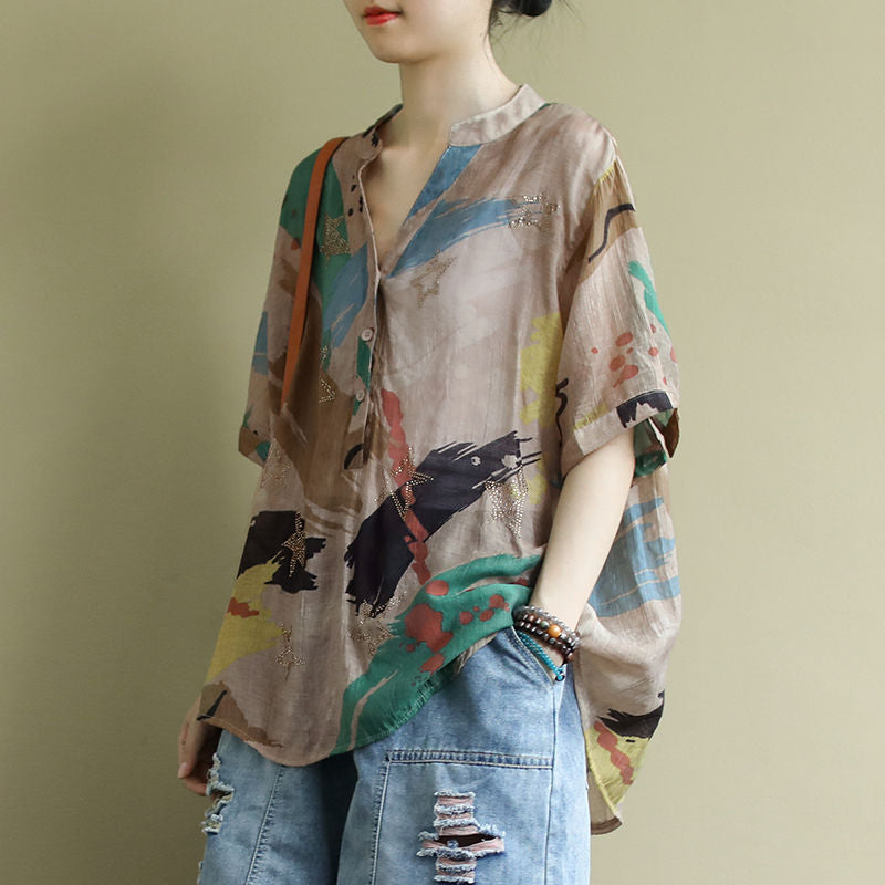 Vintage Printed Shirt Women\'s Middle Sleeve Large Shirt Summer