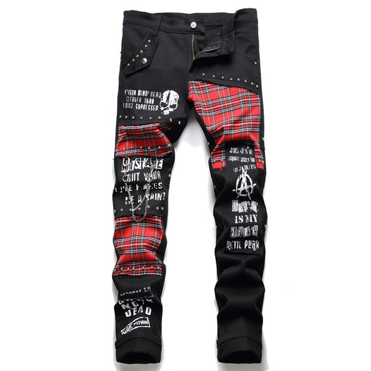 S.M.  Patchwork Micro-elastic Rivet Hip Hop Skinny Jeans