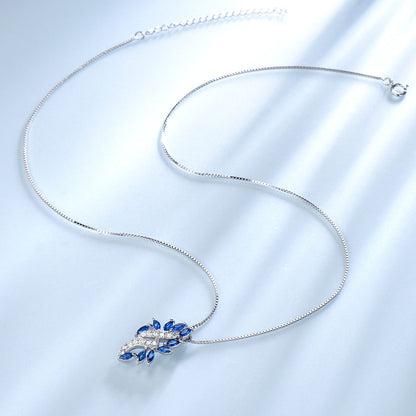 Sterling Silver Sapphire Leaf Pendant Necklace With Diamond Clavicle Chain