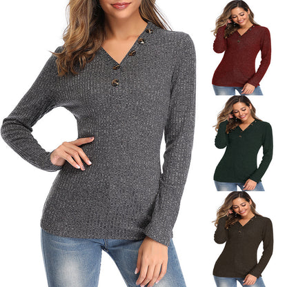 S.W. Women's V-neck Button  Long-sleeved Slim fitting Sweater