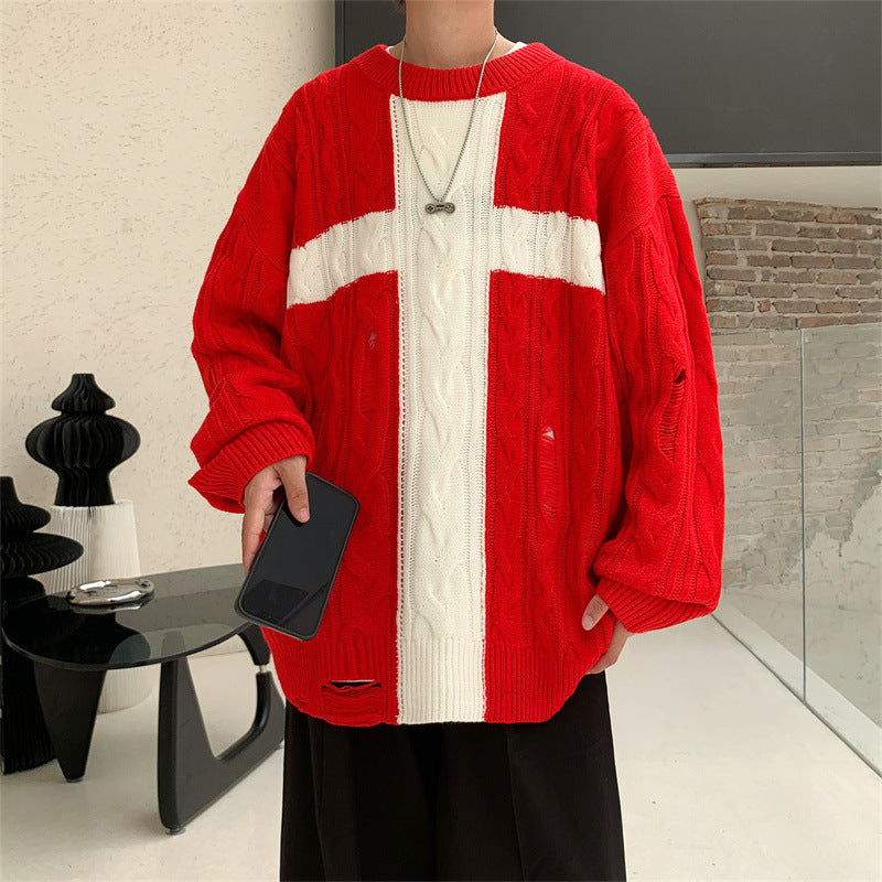 Vintage Trend Loose Knit Coat Hole Cross Sweater Men