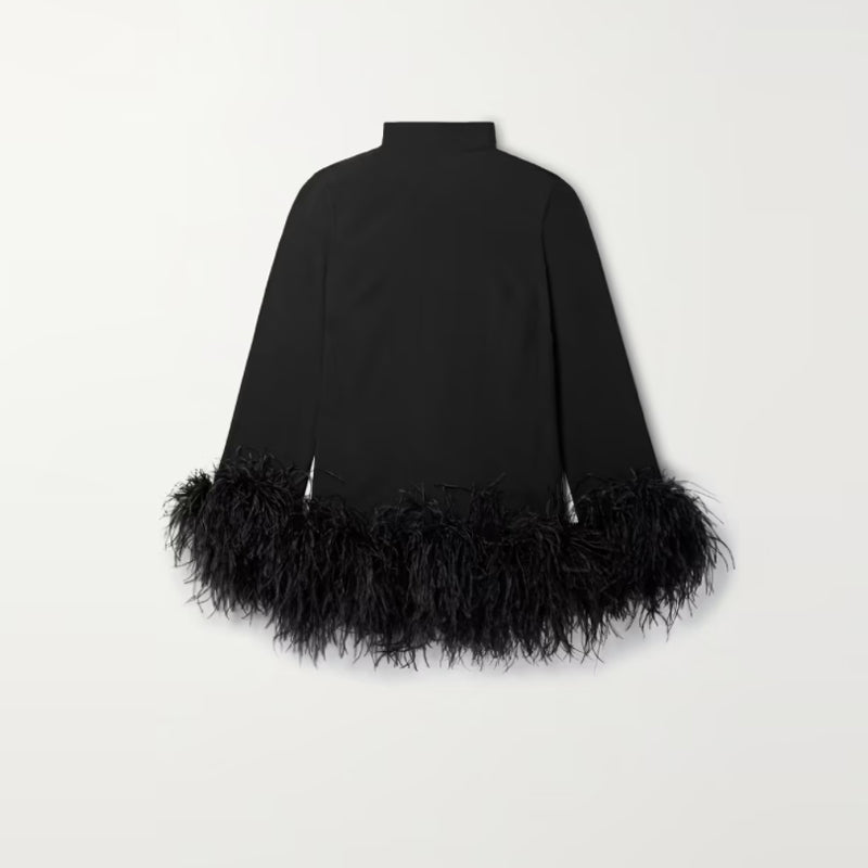 Turtleneck Commuter Long Sleeve Short Dress Ostrich Feather Black