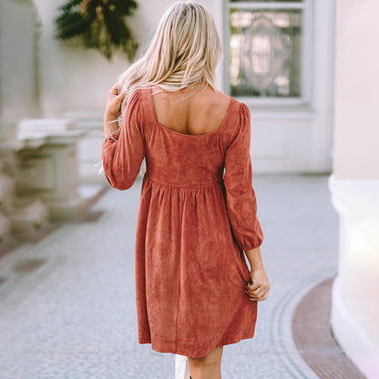 Suede European And American Autumn Solid Color Square Collar Puff Sleeve Waist Dress