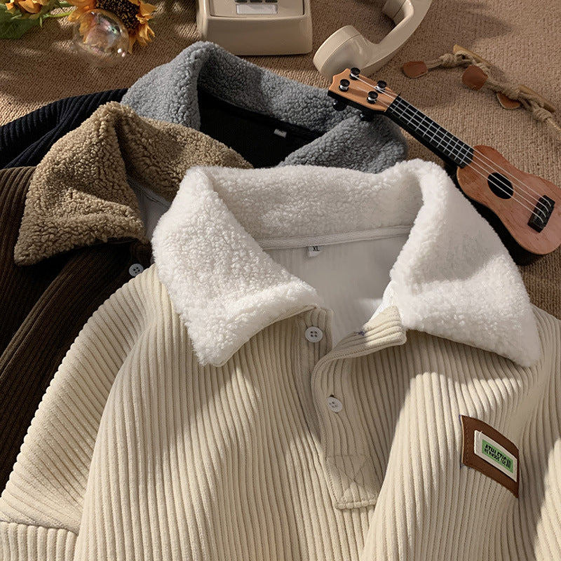 F.J.C.    S.M.  Fleece-lined Thick men's Corduroy Polo Collar Sweater