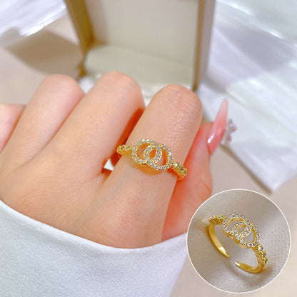 Real Gold Plating Double Ring Classic Style Fashion Micro Inlay Light Luxury Ring