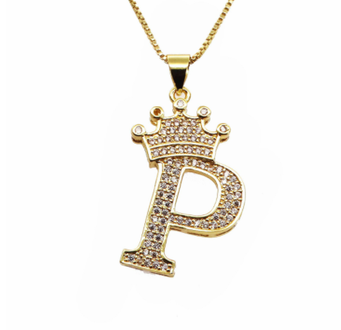 F.J.C. Crown Letter Pendants inlayed with Zirconia with necklace