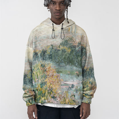 Impressionist Landscape Oil Painting Retro Printed Drawstring Hoodie S.M.