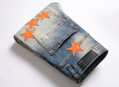 S.M.  High Street New Ripped Orange Patch Stretch material Jeans