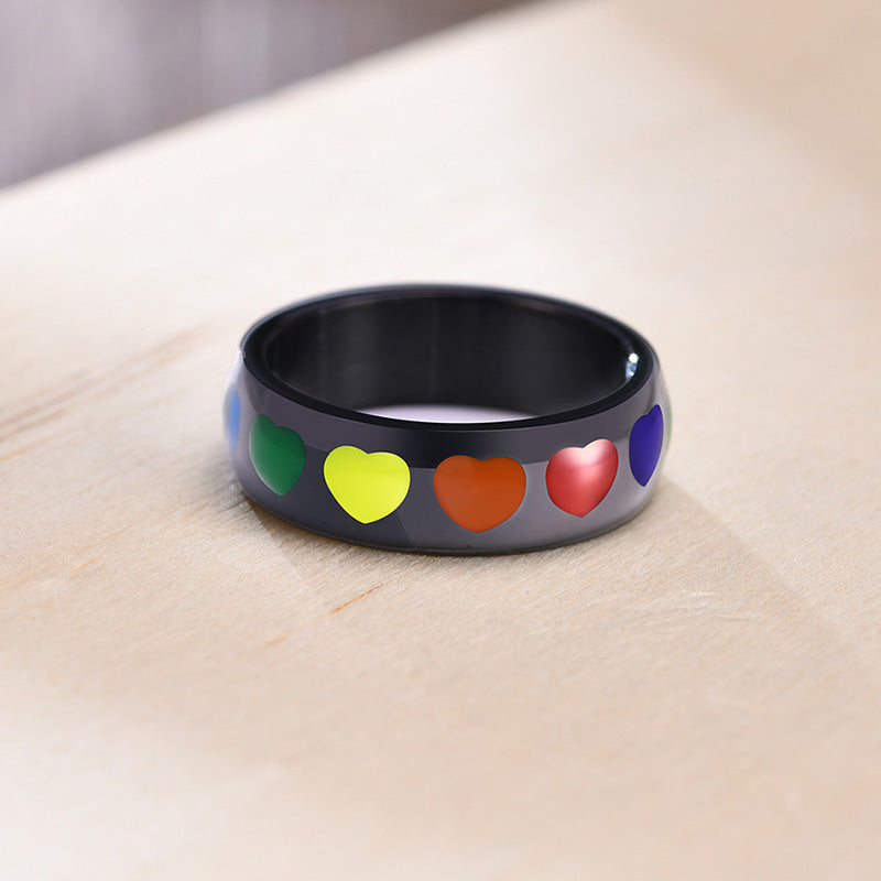 Epoxy Heart Ring Rainbow Ring Titanium Steel Epoxy Heart Ring Stainless Steel Ring