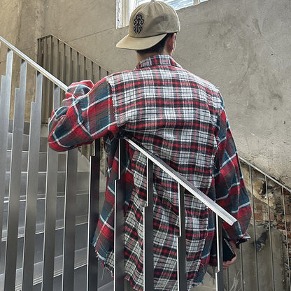 S.M. Men's Patchwork Red Plaid Shirt