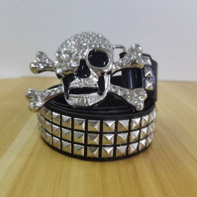 S.M. Belt With Rhinestone Skull Decoration Studded Metal