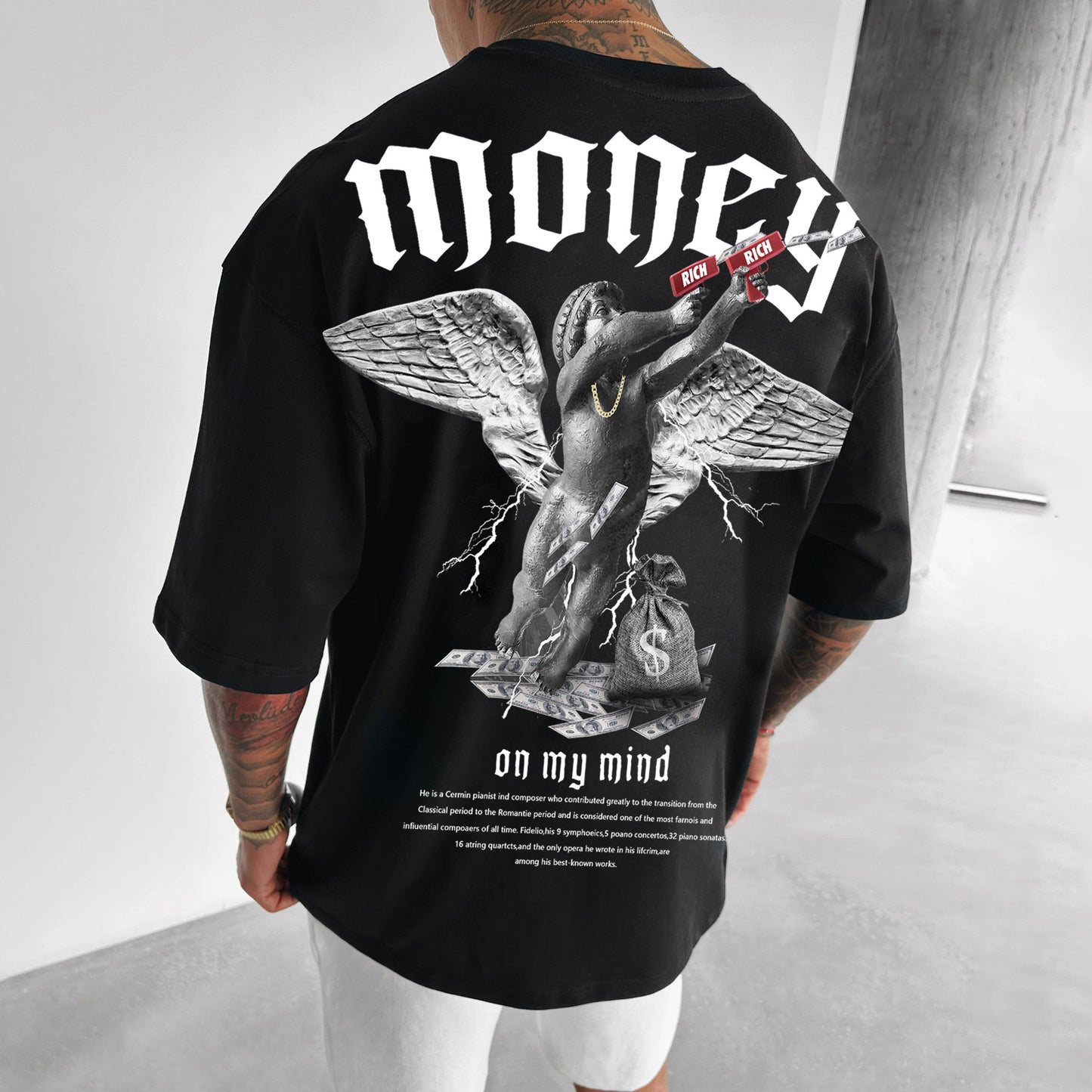 Men's Loose fit Money Angel Print Round Neck Short Sleeve S.M.