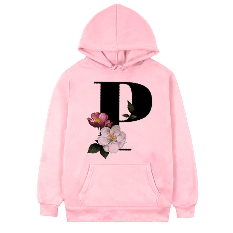 Women's 26-letter Flowers Printed Fleece Hoodie S.W.