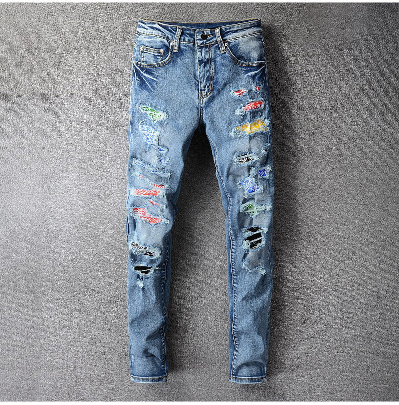S.M.  Street Trend Slim Elastic Knee Ripped Jeans