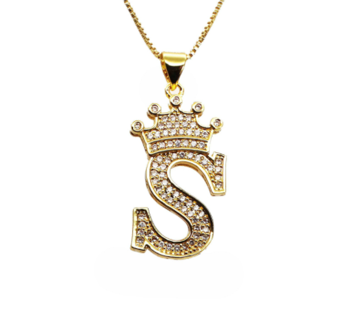 F.J.C. Crown Letter Pendants inlayed with Zirconia with necklace