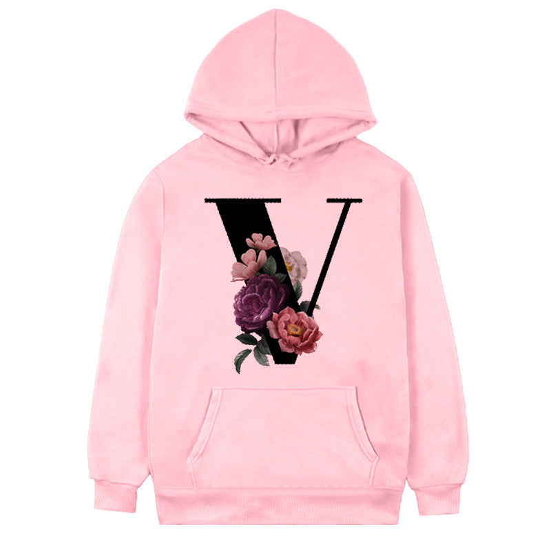 Women's 26-letter Flowers Printed Fleece Hoodie S.W.