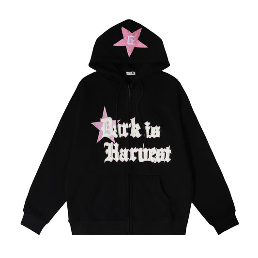 a black hoodie with pink stars on it