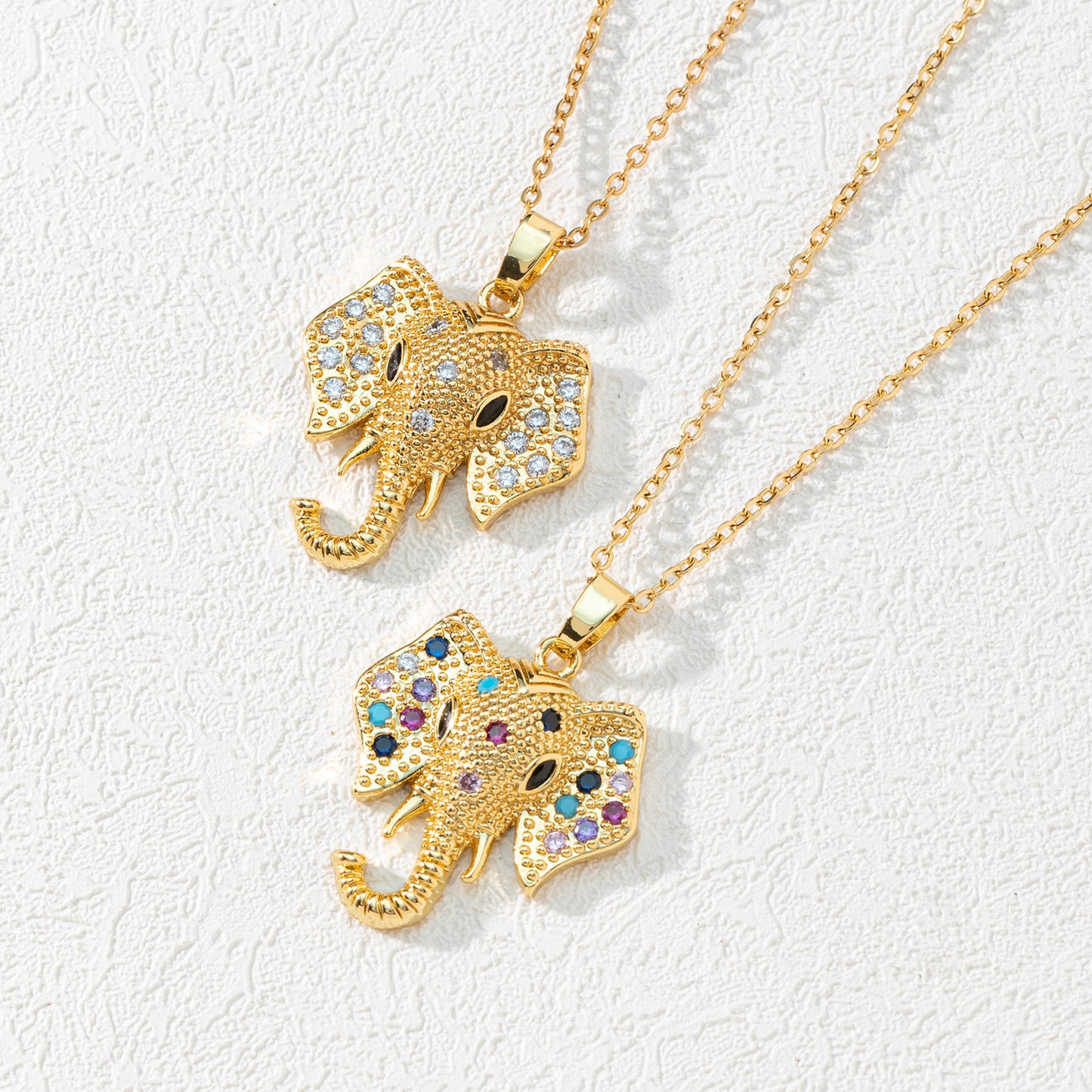 Bronze Plated Real Gold Mixed Color Zircon Elephant Pendant Necklace