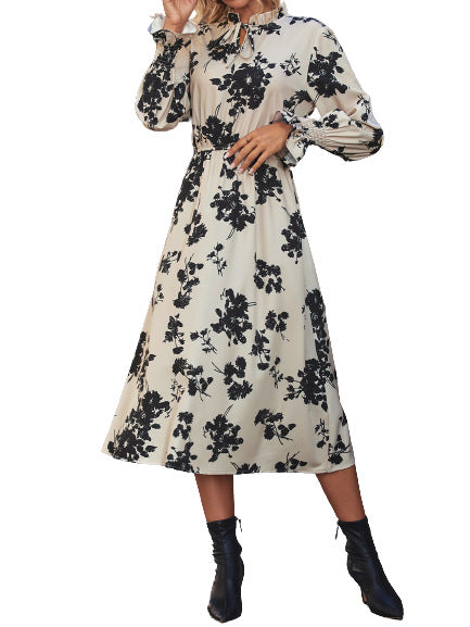 Women's Retro Style High Waist Flared Long Sleeve Dress