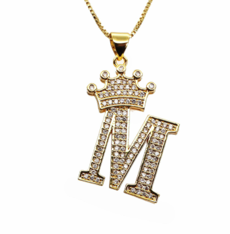 F.J.C. Crown Letter Pendants inlayed with Zirconia with necklace