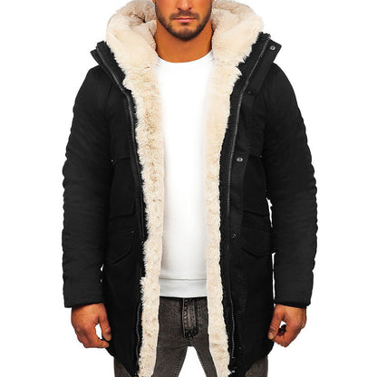 S.M..  Fur Integrated Hooded Jacket Thick Warm Jacket Faux Fur Cotton-padded Coat