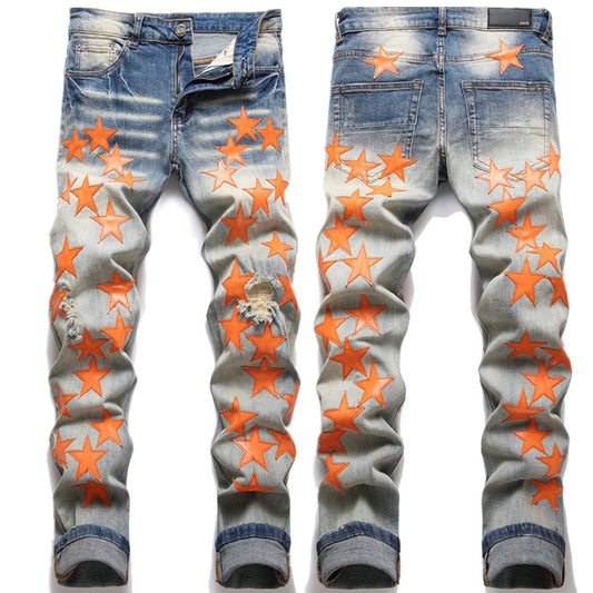 S.M.  High Street New Ripped Orange Patch Stretch material Jeans