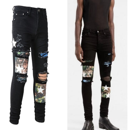 S.M. White Star Print Patch Ripped Stretch Slim Black Jeans For Men