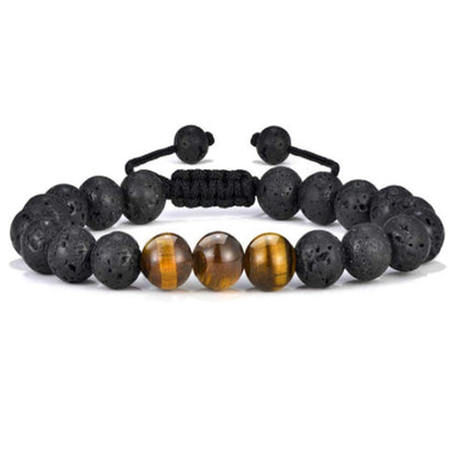 a bracelet with tiger eye beads and black lava beads