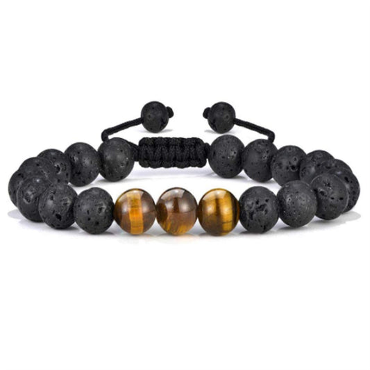a bracelet with tiger eye beads and black lava beads