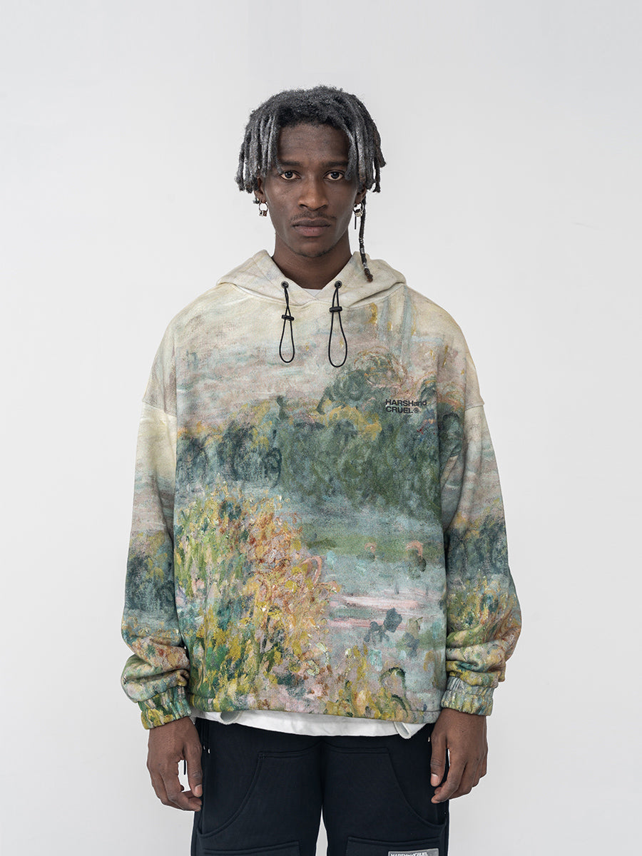 Impressionist Landscape Oil Painting Retro Printed Drawstring Hoodie S.M.