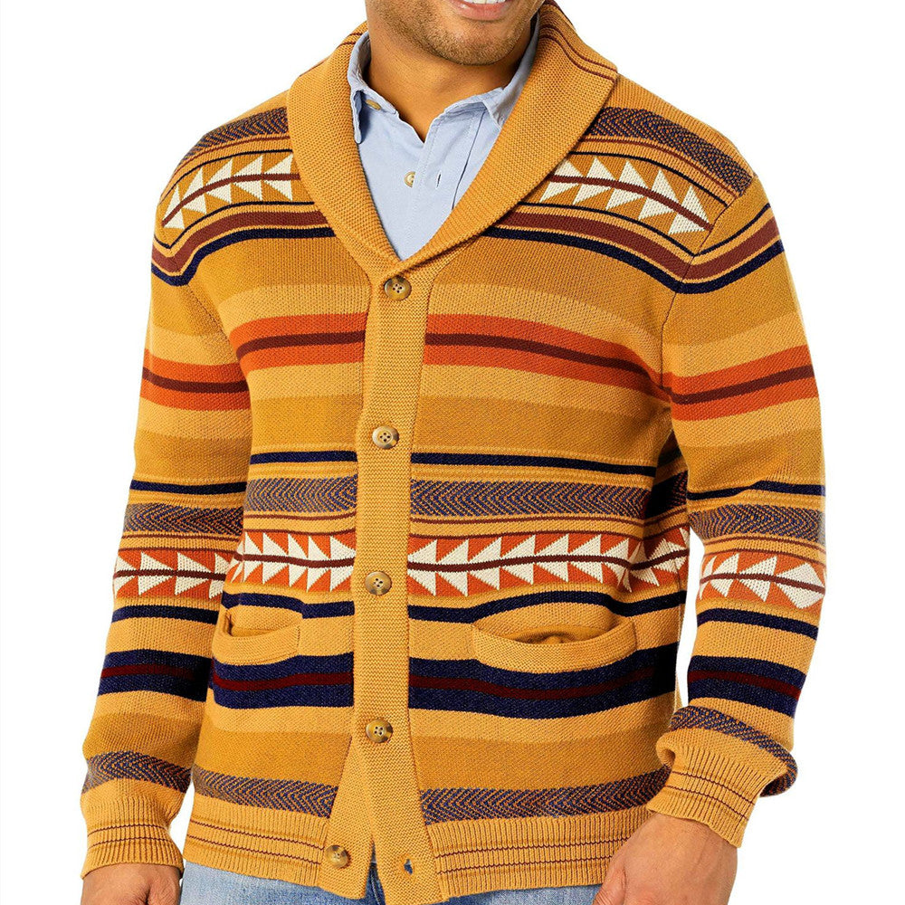 S.M. Contrasting Color Jacquard Knitted Cardigan Coat For Men