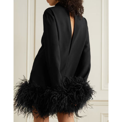 Turtleneck Commuter Long Sleeve Short Dress Ostrich Feather Black