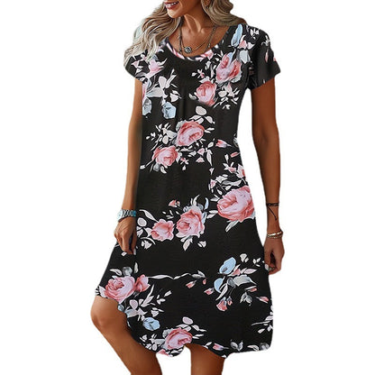 S.W. Women's Summer Fashion Casual Round Neck Loose Printed Short Sleeve Dress