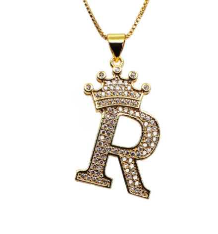 F.J.C. Crown Letter Pendants inlayed with Zirconia with necklace