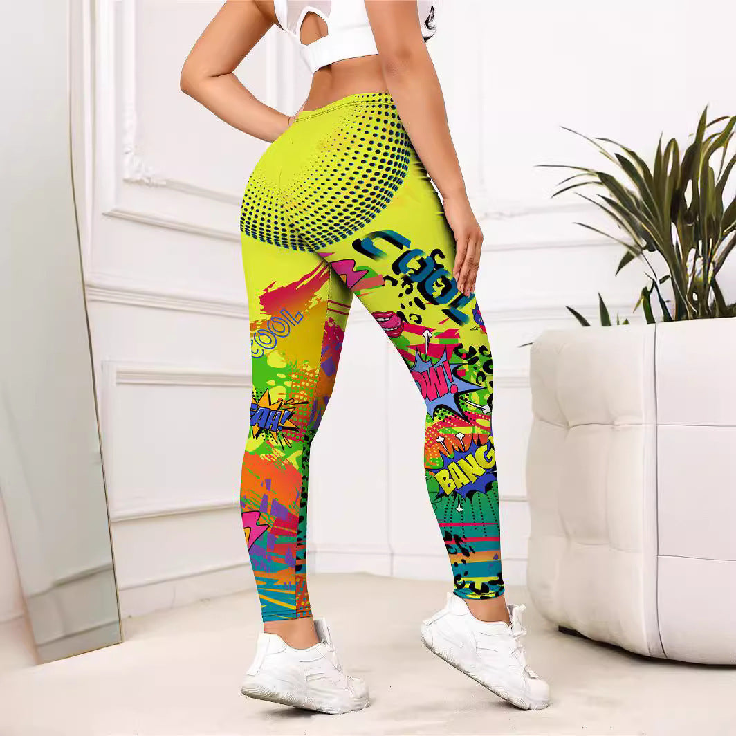 S.W. Yellow Cartoon Printed Sports Slim-fitting Leggings