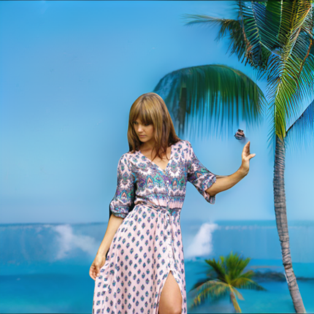 a woman in a pink dress standing next to a palm tree