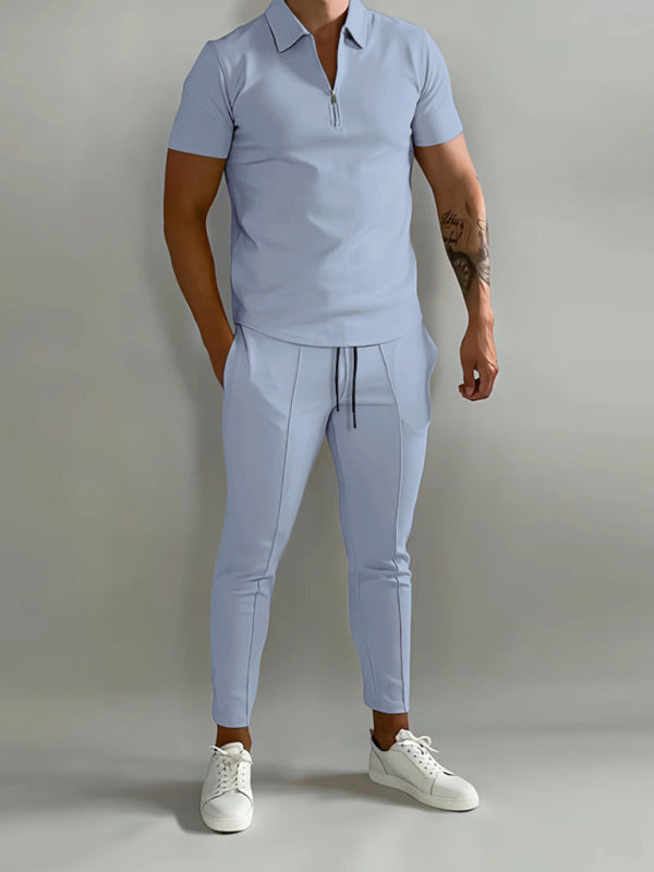 S.M. Men's solid color lapel short-sleeved POLO shirt + Pants two-piece suit